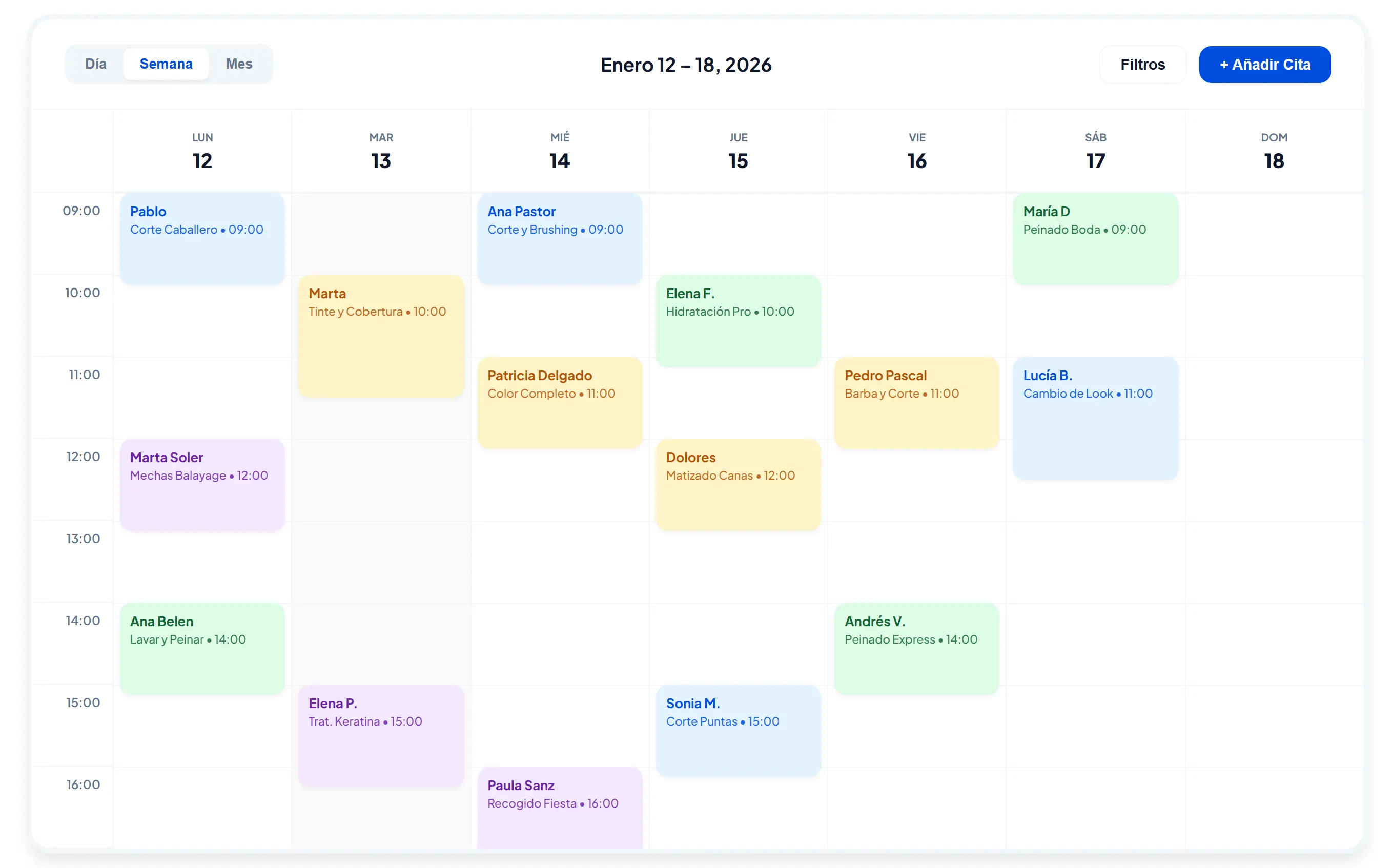 Panel de calendario de reservas